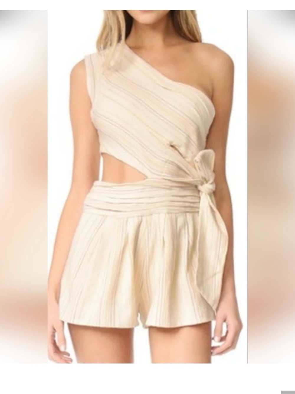Free People One-Shoulder Cream Striped Tie-Waist Romper